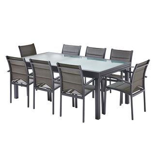 Ensemble Modulo 8/12p En Alu Gris Et Verre Transparent Et 8 Fauteuils En Alu Et Assise Textilène