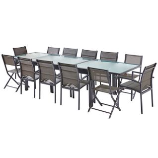 Ensemble Modulo 8/12p En Alu Gris Et Verre Transparent Et 12 Fauteuils En Alu