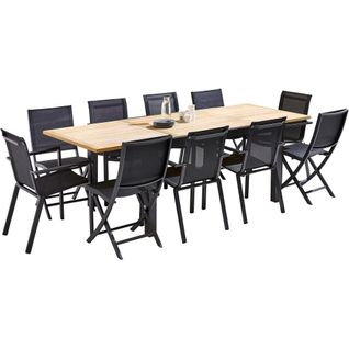 Ensemble Baliteck 6/10p En Alu Noir Et Plateau En Teck Avec 6 Fauteuils Et 4 Chaises Pliantes En Alu