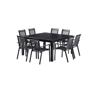 Ensemble Blackstar 8/12p En Aluminium Noir Et Verre Noir Avec 8 Fauteuils En Textilène