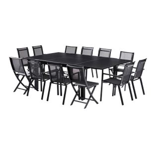 Ensemble Blackstar 8/12p En Alu Noir Et Verre Noir Avec 8 Fauteuils Et 4 Chaises Pliantes En Alu