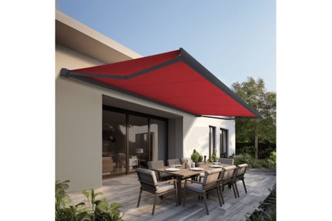 Store Banne Coffre Protect 2 LED Gris 6x3,5m Motorisé + LED - Toile Rouge