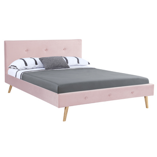 Lit Double Scandinave Oslo Avec Tête De Lit Et Sommier 140 X 190 Cm Tissu Rose Clair Effet Velours