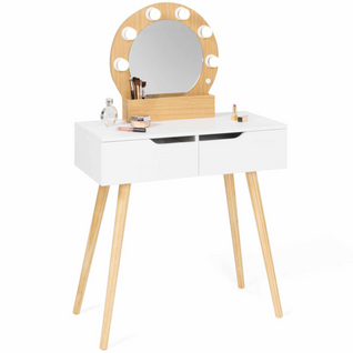 Coiffeuse Scandinave 2 Tiroirs Horia Bois Et Blanc Avec Miroir LED