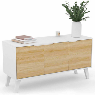 Buffet Bas Scandinave 113 Cm Finn 3 Portes Blanc Et Bois Façon Hêtre