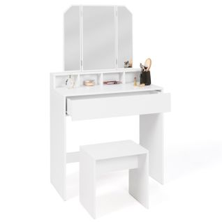 Coiffeuse Zelia 3 Miroirs Avec 4 Niches, 1 Tiroir Et Tabouret