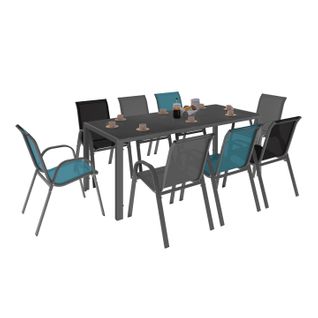 Salon De Jardin Madrid Table 190 Cm Et 8 Chaises Empilables Mix Color Bleu, Gris Et Noir
