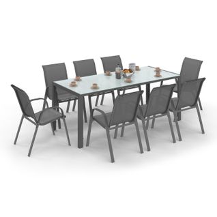 Salon De Jardin Madrid Table 190 Cm Et 8 Chaises Empilables Gris Anthracite Plateau Transparent