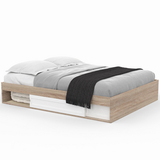 Cadre De Lit Double Salem Avec Rangements Et Sommier 160 X 200 Cm Façon Hêtre Et Blanc