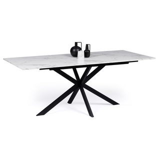 Table à Manger Extensible Rectangle Alix 6-10 Personnes Pied Araignée Noir Plateau Effet Marbre Blan