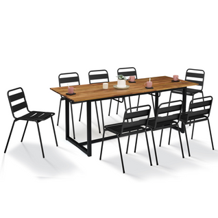 Salon De Jardin Extensible Soho 8/10 Places Table 160/200 Cm Acier + Acacia Et 8 Chaises Noires