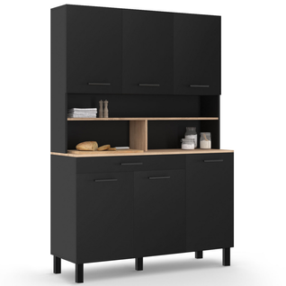 Buffet De Cuisine 120 Cm Cina 6 Portes + Tiroir Noir Et Plateaux Façon Hêtre