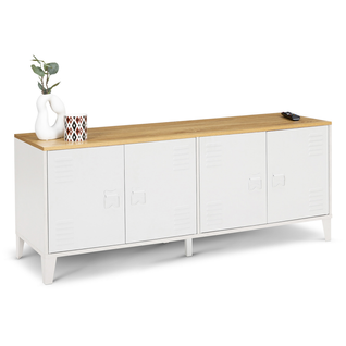 Buffet Bas 140 Cm Ester 4 Portes Métal Blanc Plateau Bois Design Industriel