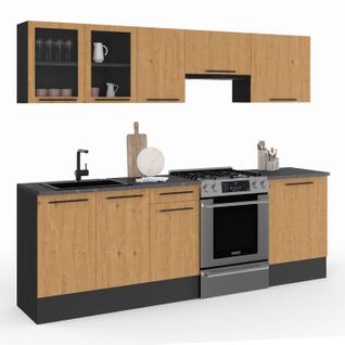 Cuisine Complète 240 Cm Subtil Avec Vitrine + Plan De Travail 7 Éléments Noir Et Façon Hêtre