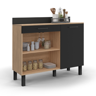 Buffet Bas De Cuisine 100 Cm Cina Plan De Travail H.83 Cm 1 Porte + 1 Tiroir Façon Hêtre Et Noir