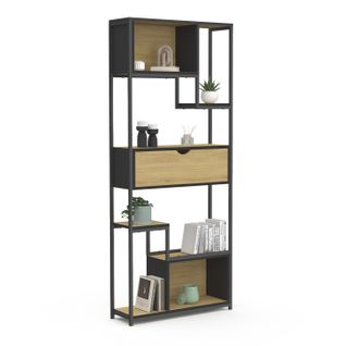 Etagère Bibliothèque 6 Niveaux Asymétrique Detroit Avec Tiroir Design Industriel 161 Cm
