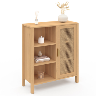 Buffet D'appoint 3 Étagères Et Placard 70 Cm Edhen Bois Et Cannage