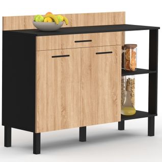 Buffet Bas De Cuisine 120 Cm Cina Plan De Travail H.83 Cm 2 Portes + Tiroir Noir Et Façon Hêtre
