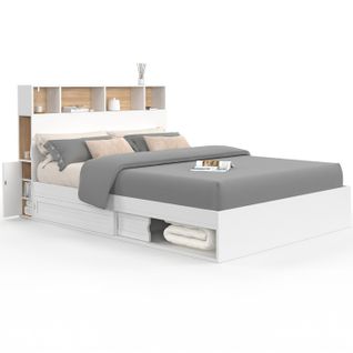 Lit Double Clem Avec Tête De Lit, Rangements Et Sommier 140 X 190 Cm Blanc