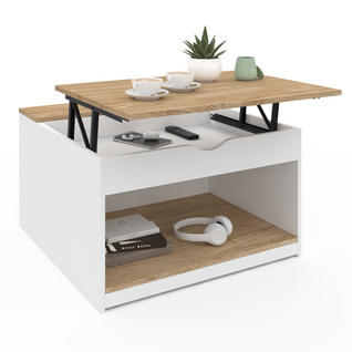 Table Basse Plateau Relevable Carrée Elea Avec Coffre Bois Blanc Et Façon Hêtre