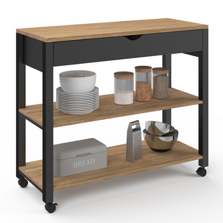 Desserte De Cuisine Penh XXL Avec Tiroir Et Plan De Travail Noir Plateaux Façon Hêtre L.100 Cm