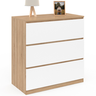 Commode 3 Tiroirs Tomi 78 Cm Façon Hêtre Et Blanc