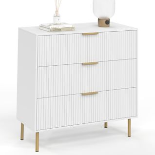 Commode 3 Tiroirs Marcel 80 Cm Lattes Blanc Et Doré