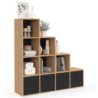 Meuble De Rangement En Escalier Lorys 4 Niveaux Bois Et Noir Avec 4 Tiroirs En Tissu