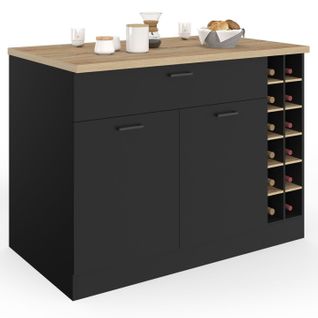 Ilot Central George Avec Range-bouteilles Placard Et Tiroir Bois Noir Avec Plan De Travail Façon Hêt