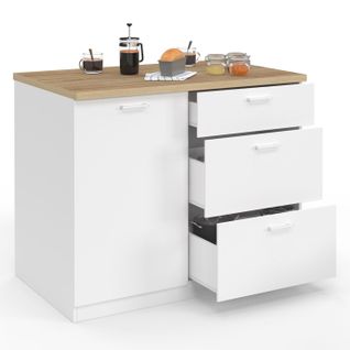 Ilot Central Tibo 110 Cm Casserolier 3 Tiroirs Bois Blanc Avec Plan De Travail Façon Hêtre