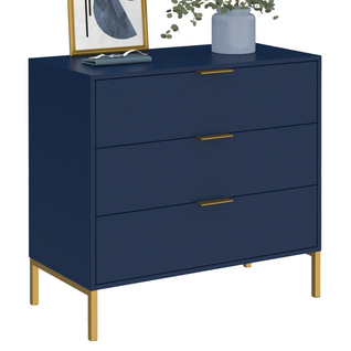 Commode 3 Tiroirs Blenia 80 Cm Bleu Nuit Et Finitions Dorées