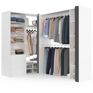 Dressing Extensible D'angle Marlon 200 X 150 X 180 Cm Blanc Avec Penderies + Tiroirs + Étagères + Ri