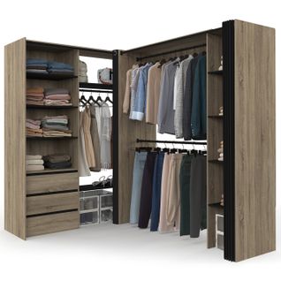 Dressing Extensible D'angle Marlon 200 X 150 X 180 Cm Hêtre Avec Penderies + Tiroirs + Étagères + Ri