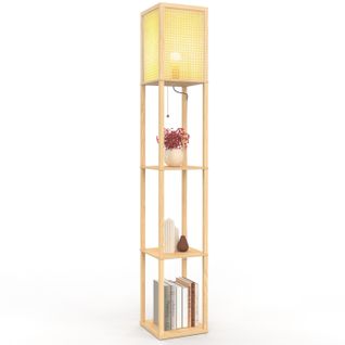 Lampadaire Naturel En Bois Clair Avec Étagères Et Abat-jour Carré Effet Cannage