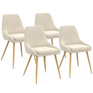 Lot De 4 Chaises Thalya En Velours Beige Et Pieds Effet Bois Avec Accoudoirs