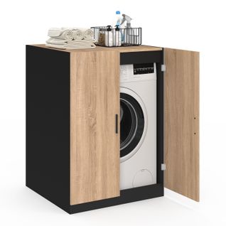 Meuble Pour Machine à Laver Avec Portes Wallis Noir Et Bois Façon Hêtre