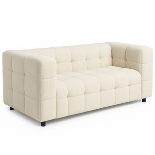 Canapé Droit 2 Places Capitonné Amance En Tissu Bouclette Beige