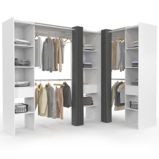 Dressing Extensible D'angle Marlon 230 X 140 X 180 Cm Blanc Avec Penderies + Étagères + Rideaux Gris