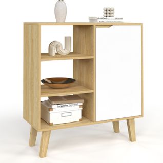 Buffet D'appoint 3 Étagères Et Placard 70 Cm Finn Blanc Et Bois Façon Hêtre