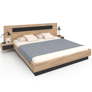 Lit Double Santa Avec Tête De Lit + Tables De Chevet Intégrées Et Sommier 180 X 200 Cm Bois Et Noir
