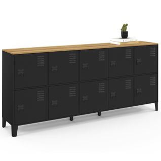 Buffet Casier 180cm Ester 10 Portes En Métal Noir Plateau Bois Design Industriel