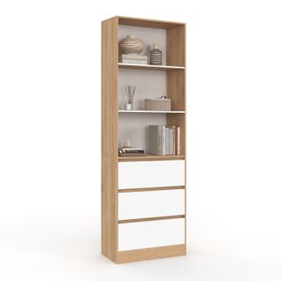 Etagère Bibliothèque Carla 3 Niveaux 3 Tiroirs Blanc Et Effet Bois 190 Cm
