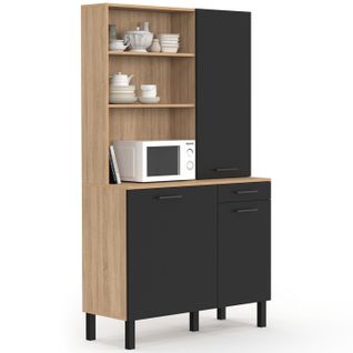 Buffet De Cuisine Avec Colonne De Rangement 100 Cm Cina 3 Portes + Tiroir Façon Hêtre Et Noir