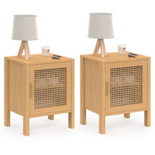Lot De 2 Tables De Chevet Edhen 1 Porte Cannage Et Bois