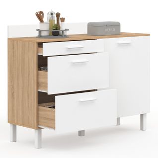 Buffet Bas De Cuisine 120 Cm Casserolier Cina Plan De Travail H.83 Cm 1 Porte + 3 Tiroirs Façon Hêtr