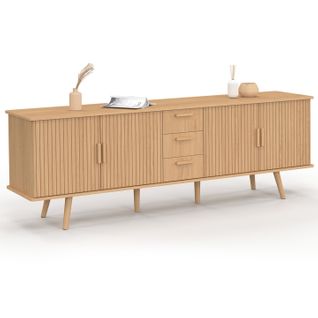 Buffet 180 Cm Juliette XXL 4 Portes Et 3 Tiroirs Lattes Tasseau Bois Coloris Chêne