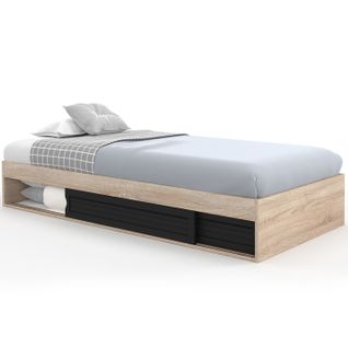Cadre De Lit Simple Salem Avec Rangement Et Sommier 90 X 190 Cm Façon Hêtre Et Noir