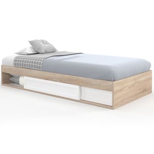 Cadre De Lit Simple Salem Avec Rangement Et Sommier 90 X 190 Cm Façon Hêtre Et Blanc