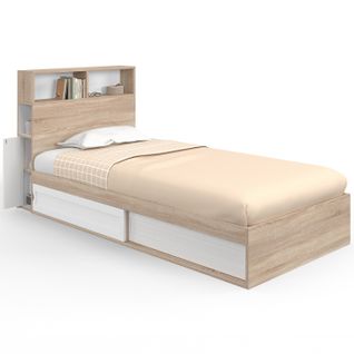 Lit Simple Clem Avec Rangement, Tête De Lit Et Sommier 90 X 190 Cm Hêtre Et Blanc