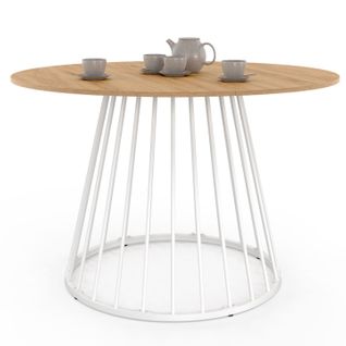 Table à Manger Ronde Yuna 6 Personnes Plateau Bois Et Pied Filaire En Métal Blanc 110 Cm